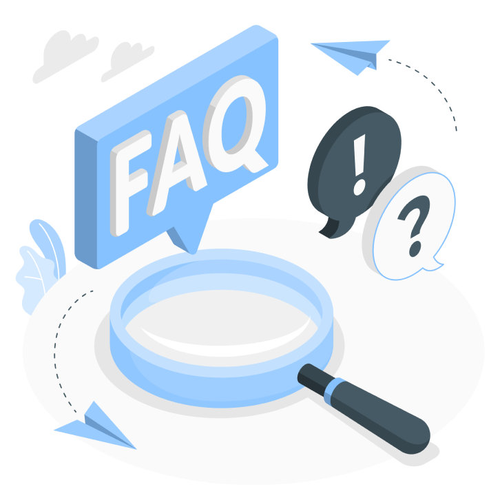 FAQ illustração - uma lupa com um balão de texto contendo o texto 'FAQ'